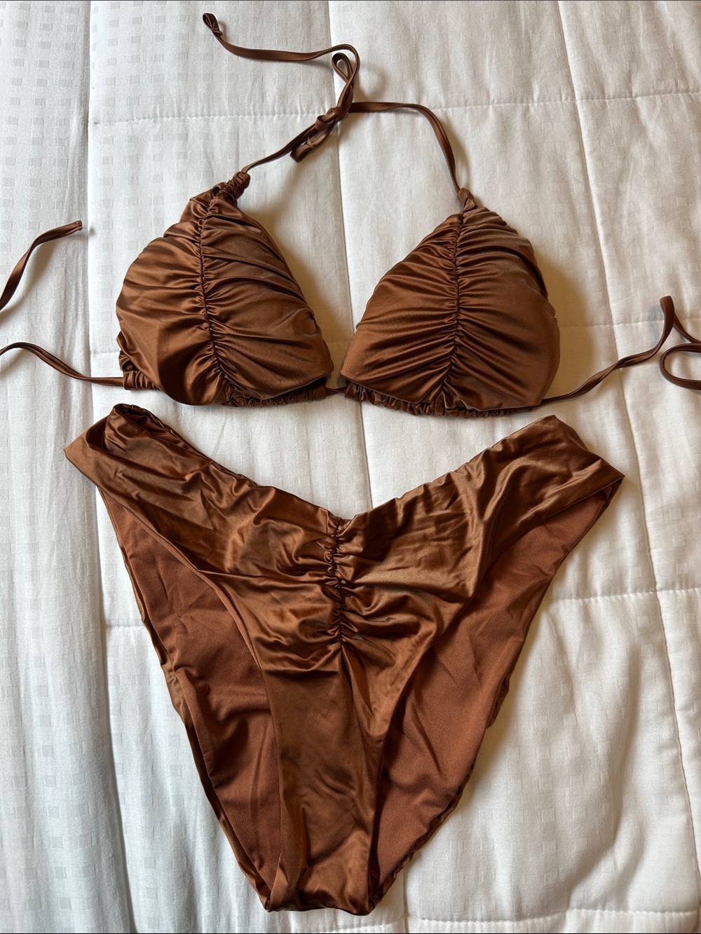 Ruched Brown Triangle Bikini Set - Women